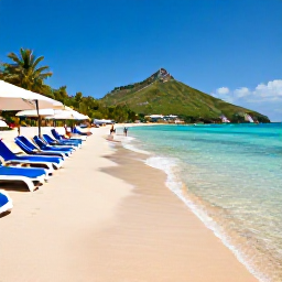 Caribbean Holidays, June Beach Holidays, Visitors relaxing on Orient Bay Beach in Saint Martin during June, clear shallow water, sun loungers, umbrellas and green hills in the background