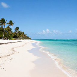 Caribbean Holidays, June Beach Holidays, Wide white-sand beach in Punta Cana, Dominican Republic, with calm turquoise water, palm trees and bright June sunshine