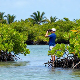 Caribbean Holidays, June Birdwatching, A birder with binoculars beside a quiet mangrove lagoon in The Bahamas in June, with bright tropical greenery and calm blue water