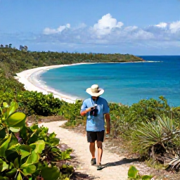 Caribbean Holidays, June Birdwatching, A birdwatcher walking along a sunny nature trail above a secluded Saint Barth&eacute;lemy bay, holding binoculars and wearing a wide-brimmed hat