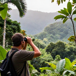 Caribbean Holidays, June Birdwatching, A birdwatcher with binoculars overlooking a lush Martinique rainforest valley in June, with tropical foliage and soft morning light