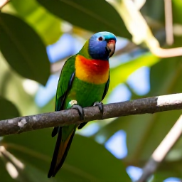 Caribbean Holidays, June Birdwatching, A colourful Martinique parrot perched among rainforest branches, surrounded by broad green leaves and filtered tropical sunlight
