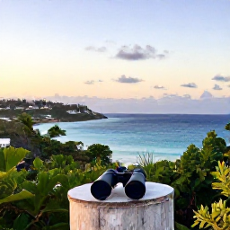 Caribbean Holidays, June Birdwatching, A quiet coastal viewpoint on Saint Barth&eacute;lemy at dawn, with tropical vegetation, blue Caribbean water and binoculars ready for birdwatching