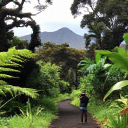 Caribbean Holidays, June Birdwatching, A quiet forest trail in Montserrat in June, with lush green tropical vegetation, volcanic hills and a birder carrying binoculars