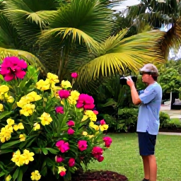 Caribbean Holidays, June Birdwatching, A relaxed birdwatcher recording sightings in a tropical Saint Vincent garden beside colourful flowers and palm trees