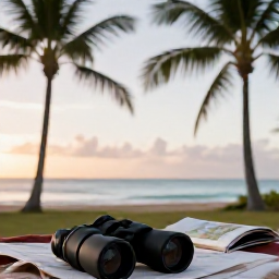 Caribbean Holidays, June Birdwatching, A relaxed birdwatching picnic near a Bahamian beach at sunrise, with binoculars, a field guide and palm trees