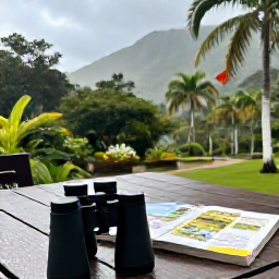 Caribbean Holidays, June Birdwatching, A relaxed outdoor table in Montserrat after a birdwatching walk, with binoculars, a field guide, tropical scenery and a light June shower nearby