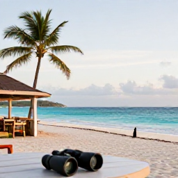 Caribbean Holidays, June Birdwatching, A relaxed Saint Barth&eacute;lemy beach scene after a morning of birdwatching, with turquoise sea, palm trees, a small caf&eacute; and binoculars on a table