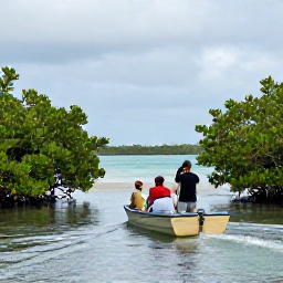 Caribbean Holidays, June Birdwatching, A small boat moving through mangrove channels in The Bahamas, with a guide and birdwatchers looking towards shore