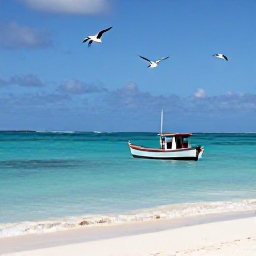 Caribbean Holidays, June Birdwatching, A small fishing boat approaching a quiet Grenadine island with seabirds flying above turquoise water and a sandy beach
