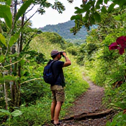 Caribbean Holidays, June Birdwatching, Birdwatcher using binoculars beside a forest trail in Dominica, with tropical vegetation and distant hills