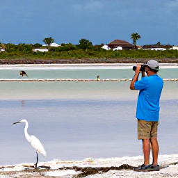 Caribbean Holidays, June Birdwatching, Birdwatcher using binoculars beside a peaceful salt pond with white egrets and colourful Caribbean birds in Providenciales