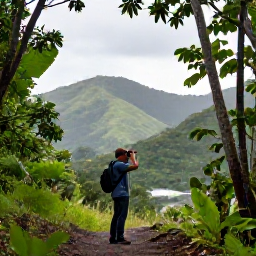 Caribbean Holidays, June Birdwatching, Birdwatcher using binoculars on a forest trail in the green hills of Saint Kitts