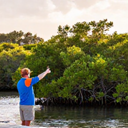 Caribbean Holidays, June Birdwatching, Birdwatcher viewing tropical birds beside a mangrove lagoon on St Croix in the United States Virgin Islands, warm June morning light