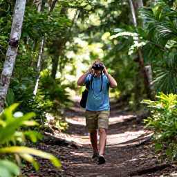 Caribbean Holidays, June Birdwatching, Birdwatcher walking a shaded nature trail with binoculars in Virgin Islands National Park during June