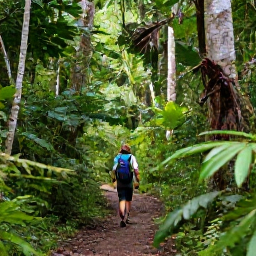 Caribbean Holidays, June Birdwatching, Birdwatcher walking along a forest trail in Sierra de Bahoruco, Dominican Republic, surrounded by tropical vegetation