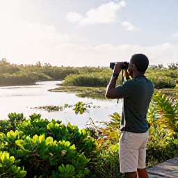 Caribbean Holidays, June Birdwatching, Birdwatcher with binoculars beside a quiet Caribbean wetland on Saint Martin in June, tropical vegetation and bright morning light