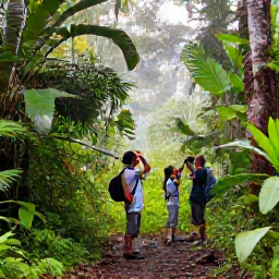 Caribbean Holidays, June Birdwatching, Birdwatchers exploring a forest trail in Trinidad at dawn with binoculars and tropical vegetation