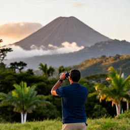 Caribbean Holidays, June Birdwatching, Birdwatchers exploring the Centre Hills of Montserrat at dawn, binoculars raised among tropical forest and volcanic mountain scenery