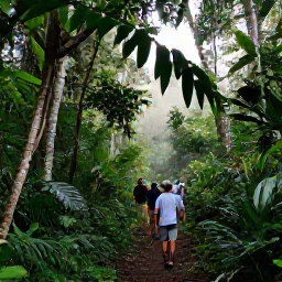 Caribbean Holidays, June Birdwatching, Birdwatchers walking along a rainforest trail near La Soufri&egrave;re on Saint Vincent, with dense tropical vegetation and soft morning light
