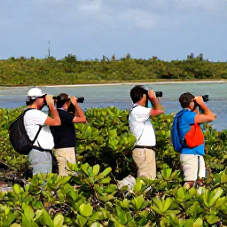 Caribbean Holidays, June Birdwatching, Birdwatchers with binoculars exploring mangroves and a salt pond on Anegada in the British Virgin Islands