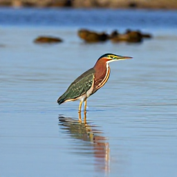 Caribbean Holidays, June Birdwatching, Caribbean birdwatching scene with a green heron near a calm coastal lagoon on Nevis