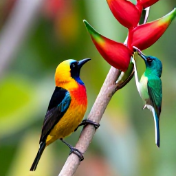 Caribbean Holidays, June Birdwatching, Colourful bananaquit and green-throated carib feeding among tropical flowers in a Caribbean garden