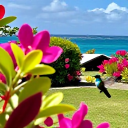 Caribbean Holidays, June Birdwatching, Colourful Caribbean garden in Saint Martin with a small hummingbird near flowering plants and a distant blue sea view
