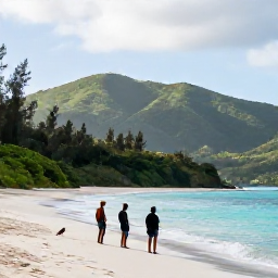 Caribbean Holidays, June Birdwatching, Early morning birdwatchers on a quiet British Virgin Islands beach, with green hills, turquoise sea and tropical vegetation