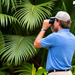 Caribbean Holidays, June Birdwatching, Friendly birdwatching guide and visitor using binoculars beside tropical vegetation in the British Virgin Islands