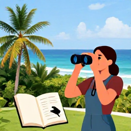 Caribbean Holidays, June Birdwatching, Friendly Caribbean birdwatching holiday scene with binoculars, field guide and tropical Trinidad and Tobago scenery