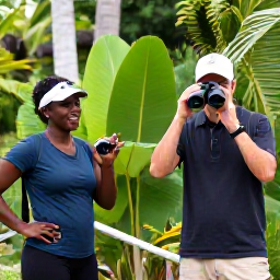 Caribbean Holidays, June Birdwatching, Friendly local birdwatching guide showing binoculars to travellers beside a tropical reserve in the Dominican Republic