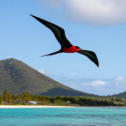 Caribbean Holidays, June Birdwatching, Magnificent frigatebird flying above a turquoise Caribbean bay with green hills in the United States Virgin Islands