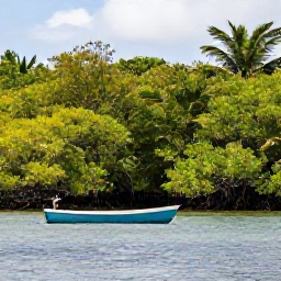 Caribbean Holidays, June Birdwatching, Mangrove lagoon in Martinique with a small boat, wading birds and lush coastal vegetation under a bright June sky