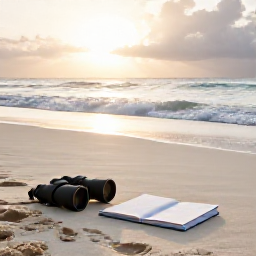 Caribbean Holidays, June Birdwatching, Peaceful Caribbean beach at sunrise with binoculars, a field guide and footprints in the sand on Providenciales