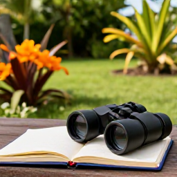 Caribbean Holidays, June Birdwatching, Peaceful tropical garden on Saint Kitts with binoculars, field notebook and bright Caribbean flowers