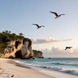 Caribbean Holidays, June Birdwatching, Quiet Caribbean beach and coastal cliffs with seabirds flying overhead at sunrise in June