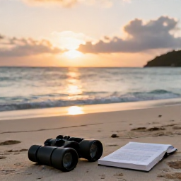 Caribbean Holidays, June Birdwatching, Relaxed Caribbean beach at sunset with binoculars resting beside a field guide in the United States Virgin Islands