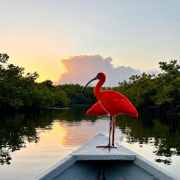 Caribbean Holidays, June Birdwatching, Scarlet ibis gathered in a mangrove wetland in Trinidad at sunset, viewed from a quiet boat