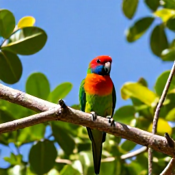 Caribbean Holidays, June Birdwatching, The Bahama parrot perched in native woodland, with a Caribbean blue sky and lush island vegetation