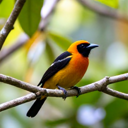 Caribbean Holidays, June Birdwatching, The Montserrat oriole perched on a branch in lush Montserrat rainforest, with soft morning light and tropical leaves