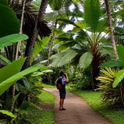 Caribbean Holidays, June Birdwatching, Tropical Tobago landscape with a birdwatcher on a quiet trail through the Main Ridge Forest Reserve