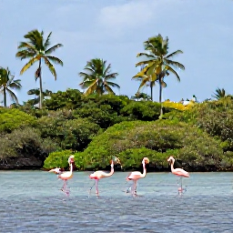 Caribbean Holidays, June Birdwatching, Wetland birdwatching scene at Laguna de Oviedo in the Dominican Republic, with flamingos and mangroves beneath a bright tropical sky