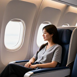 Caribbean Holidays, June Business Class, Business class passenger relaxing in a comfortable aircraft seat, warm Caribbean light through the window, elegant travel atmosphere