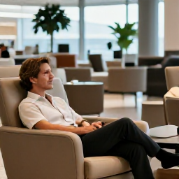 Caribbean Holidays, June Business Class, Business class traveller relaxing in an elegant airport lounge before a Caribbean holiday, warm natural light, realistic travel photography