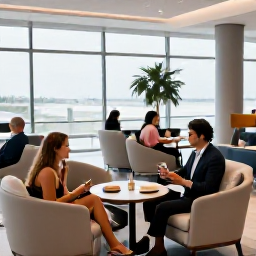 Caribbean Holidays, June Business Class, Business class travellers relaxing in a bright modern airport lounge before flying to Aruba
