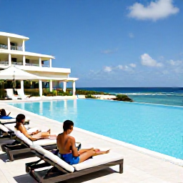 Caribbean Holidays, June Business Class, Elegant beachfront hotel in Aruba with an infinity pool, comfortable loungers and guests enjoying the June sunshine
