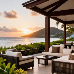 Caribbean Holidays, June Business Class, Elegant beachfront resort terrace with comfortable seating, tropical gardens and Caribbean sea view at sunset, Saint Vincent and the Grenadines, realistic travel photography