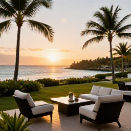 Caribbean Holidays, June Business Class, Elegant Caribbean resort overlooking a calm bay at sunset, comfortable outdoor seating, tropical gardens and warm evening light