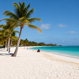 Caribbean Holidays, June Business Class, Quiet Caribbean beach in June with turquoise sea, soft white sand, palm trees and a few relaxed holidaymakers
